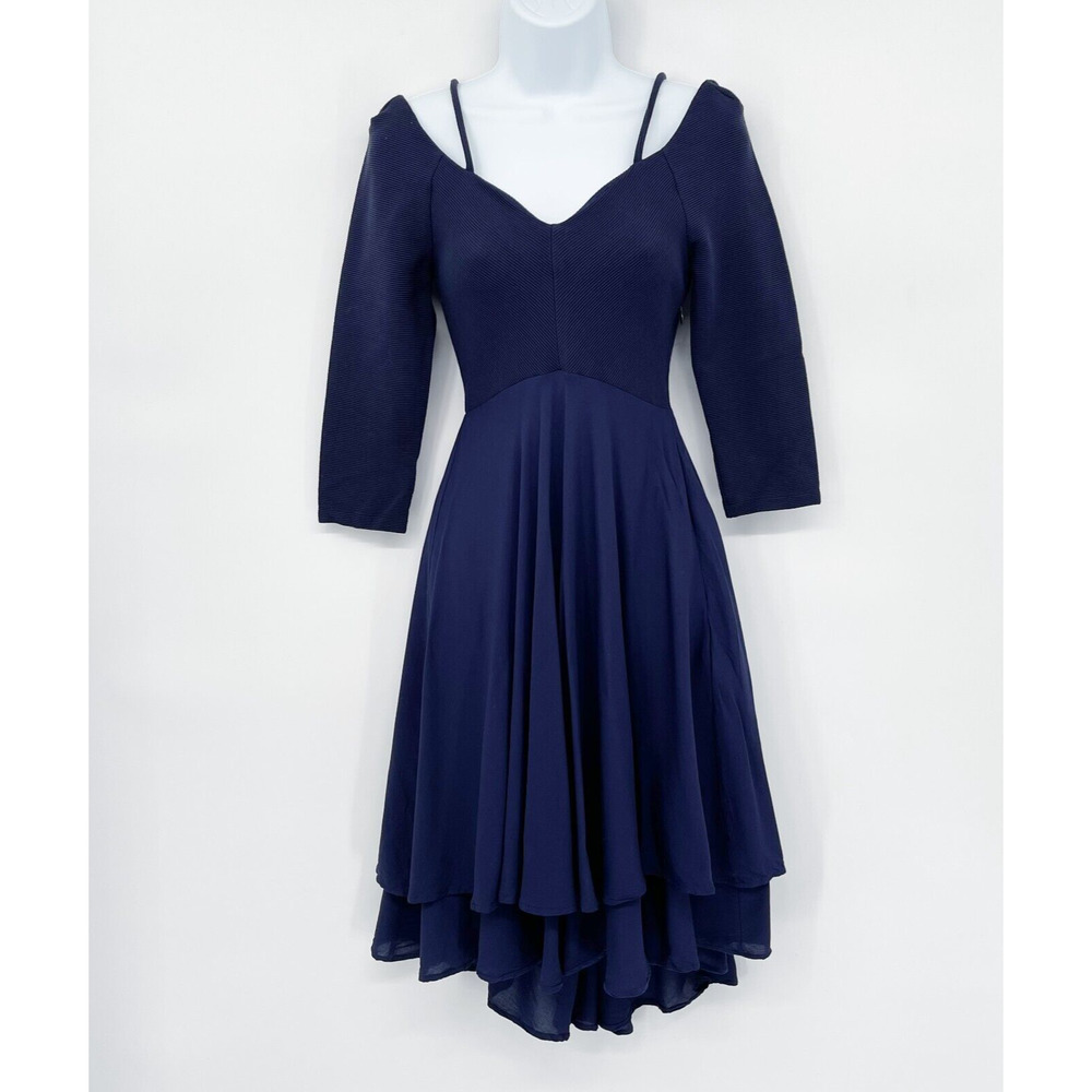 Anthropolgie Maeve Orsay Knit Dress Sz XS Blue Cold Shoulder Layered 3/4 Sleeve